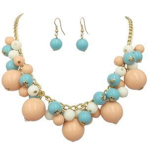 Pink Blue White Bead Cluster Necklace Earrings Set